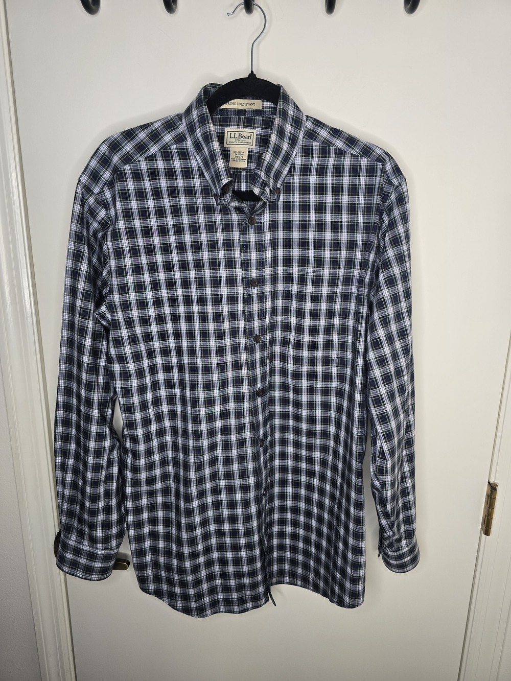 L.L. Bean Men’s Navy and White Plaid Button-Down Wrinkle Resistant Shirt